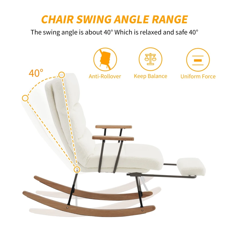 Fabric Tufted Boucle Armchair with Metal Legs, Wooden Base, High Back Rocking Chair for Living Room, Bedroom, 63.5x102x100 cm, White