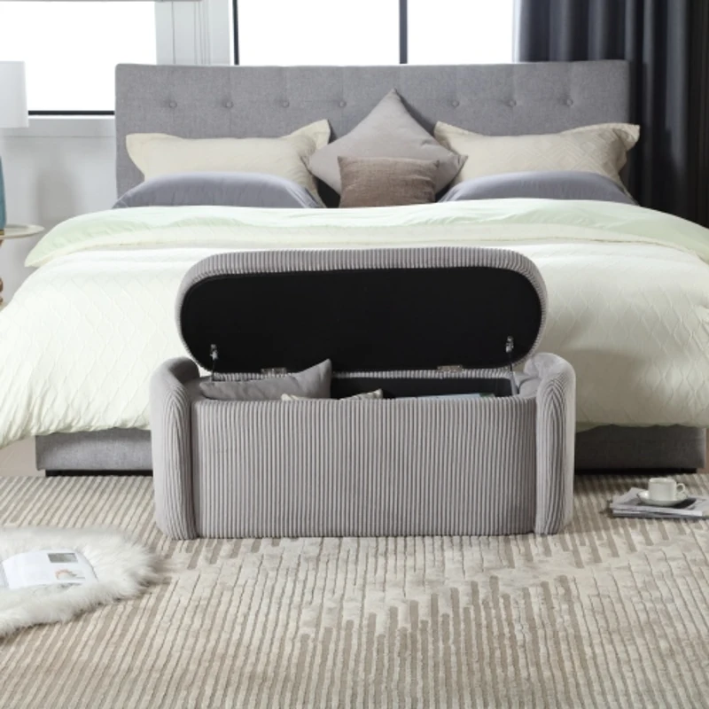 Panca contenitore moderna in velluto a righe per soggiorno, ingresso, camera da letto, Grigio Chiaro