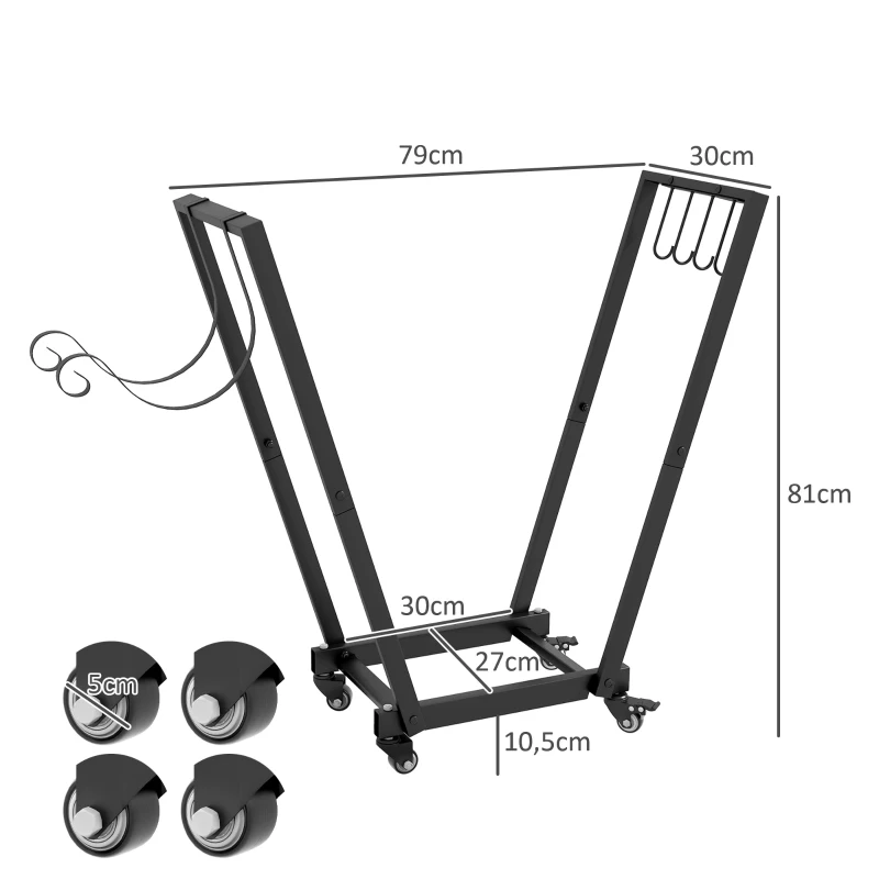 Outsunny Stojak na Drewno Kominkowe, Trapezowy Design, Metal Malowany Proszkowo, Mobilny z Kółkami, 79 x 30 x 81 cm, Czarny
