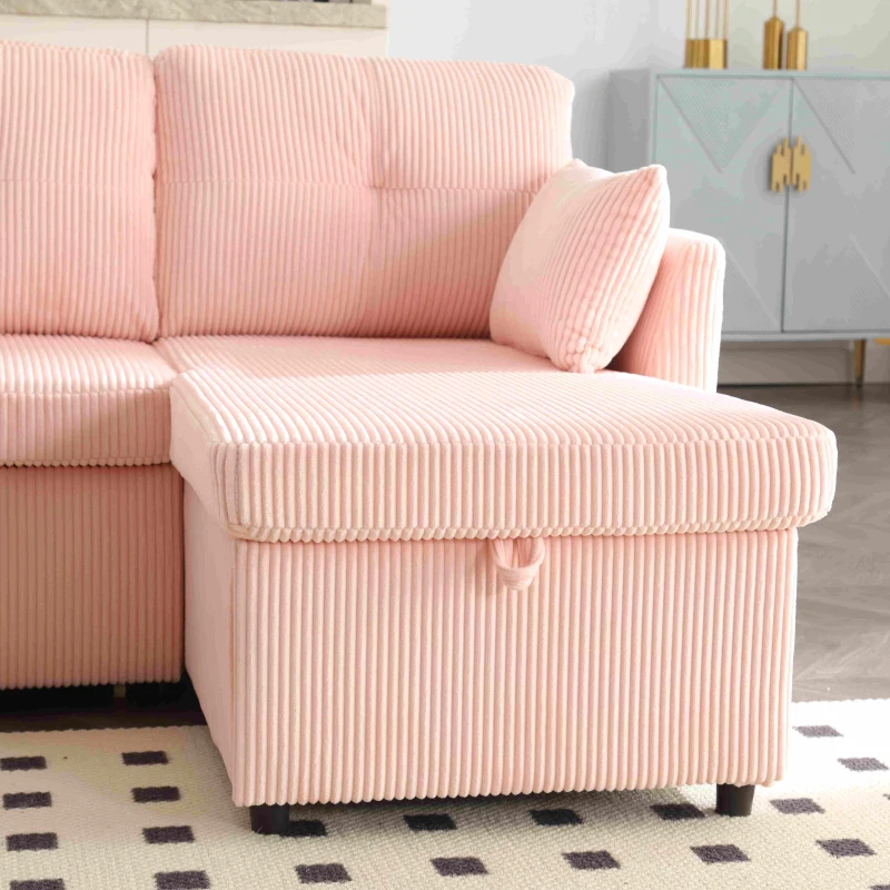 L-förmiges Samt-Sofa, ausziehbares und umwandelbares Schlafsofa mit Stauraumsitzen, Rosa