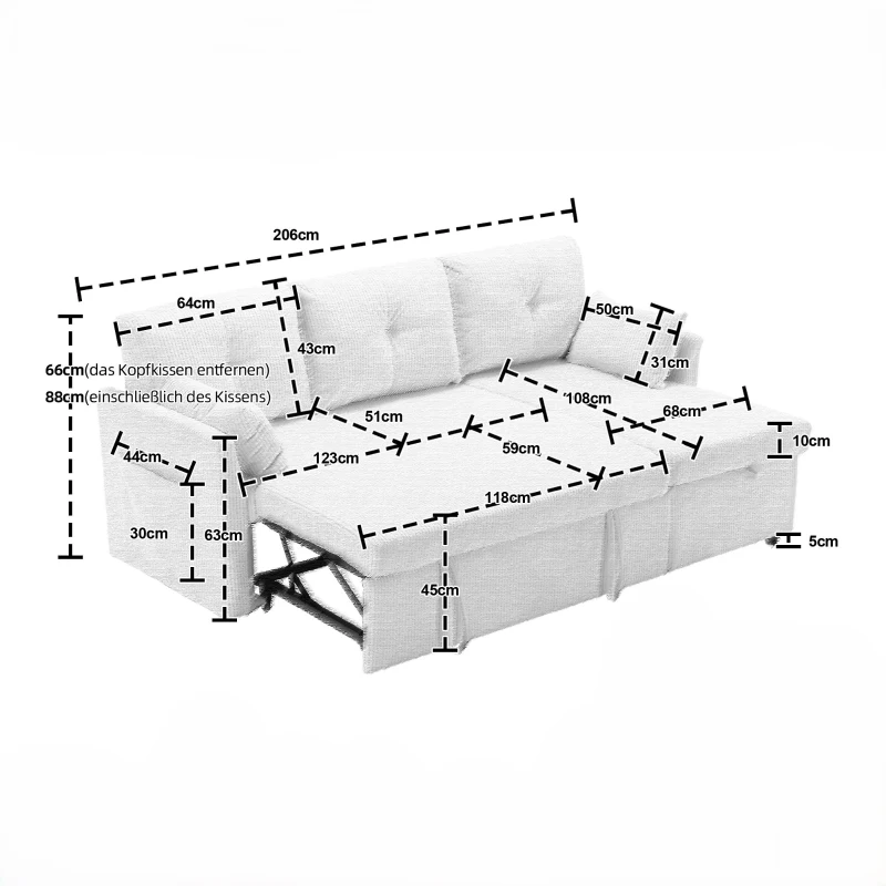 Divano Componibile a L in Chenille, Divano letto reclinabile estraibile convertibile, con sedili portaoggetti, Beige