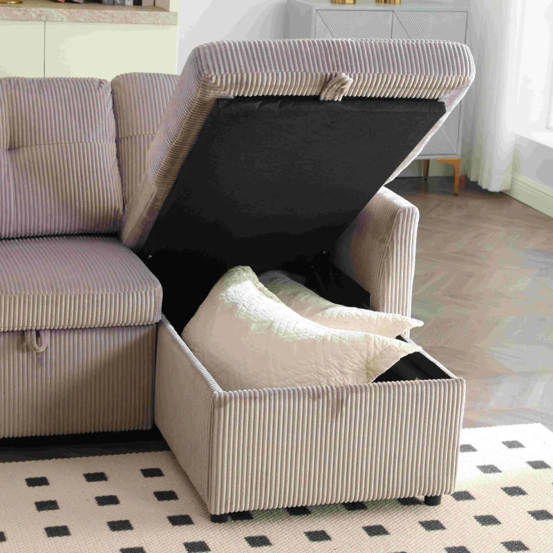 L-förmiges Samt-Sofa, ausziehbares und umwandelbares Schlafsofa mit Stauraumsitzen, Hellgrau