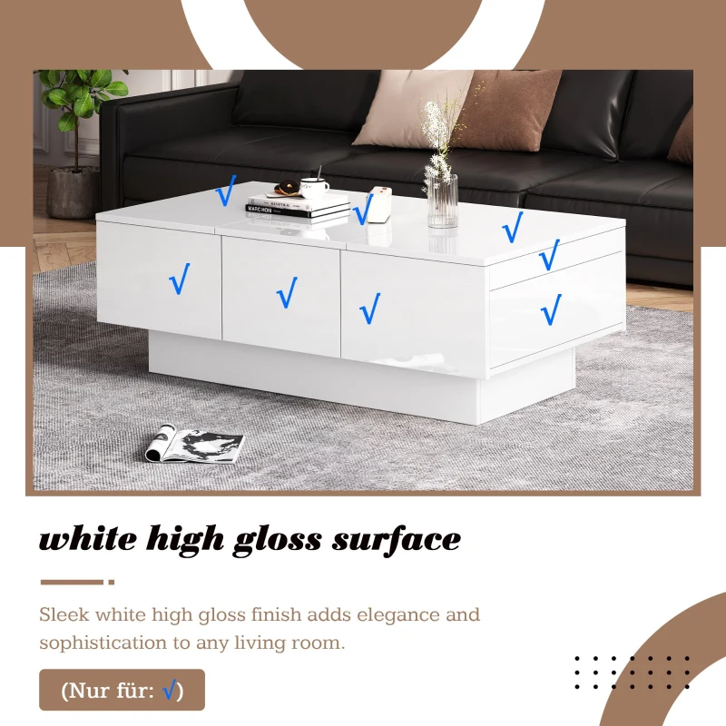 Modern Coffee Table with 2 Drawers and Large Storage Space, High Gloss Finish, Ideal for Living Rooms, 100x55x35 cm, White