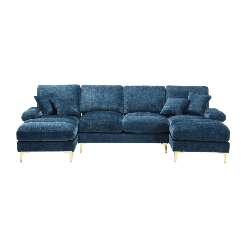 Modernes großes U-förmiges Chenille-Sofa mit Doppel-Liegesitzen, für Wohnzimmer, Wohnung, Villa, Blau