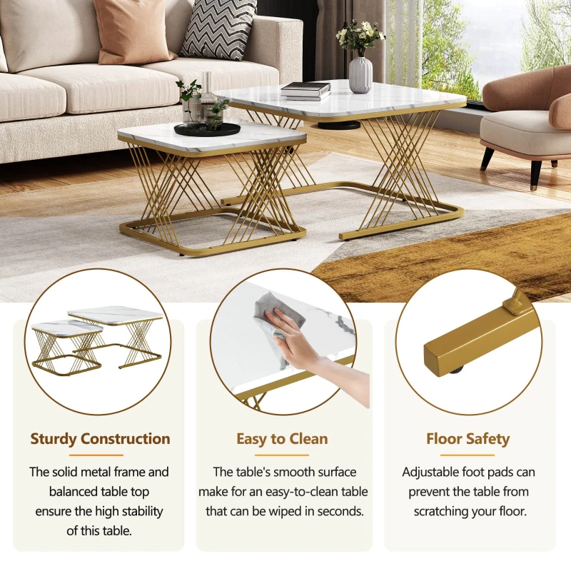 Nest of 2 Settee Side Table with Gold Metal Frame, Marble Pattern Top, Multi-functional Modern Coffee Table for Home, 70x70x43 cm, White
