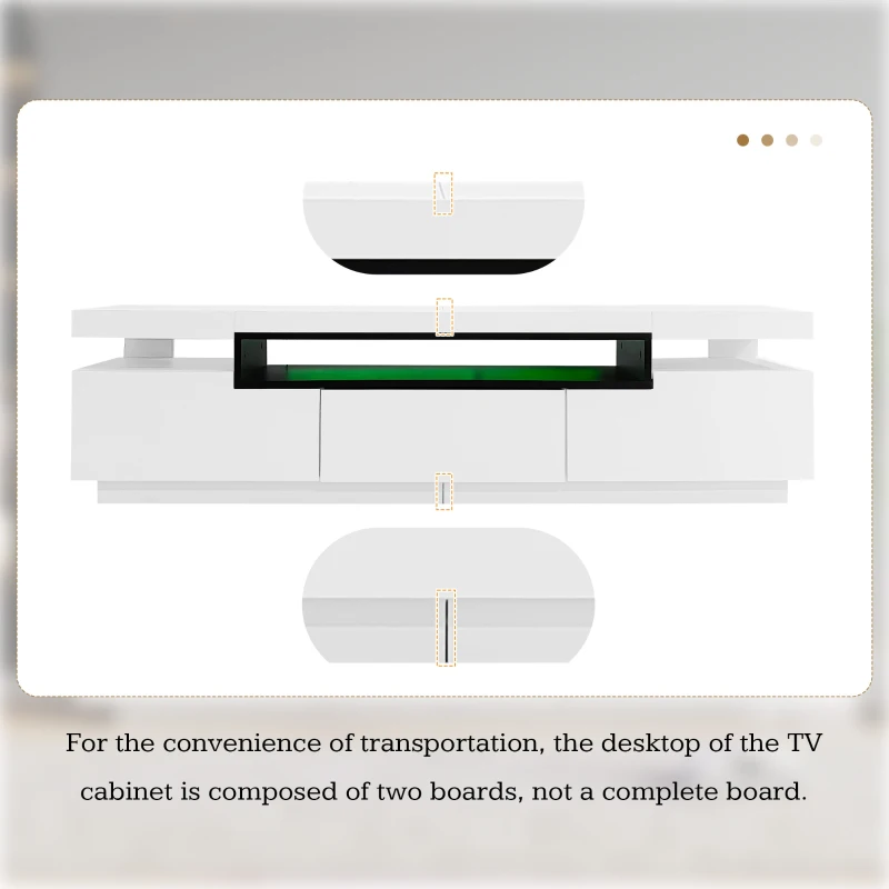 High Gloss Modern TV Stand Cabinet for 70-inch TV with LED Lights, 3 Drawers and Open Storage, 160x39x42 cm, White