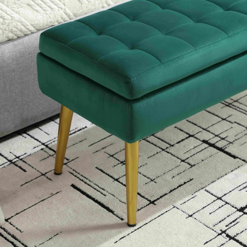 Banc coffre de rangement minimaliste moderne avec pieds en métal doré, banc en velours rembourré, table de chevet multifonctionnelle facile à monter pour chambre, salon, hall d'entrée, Vert