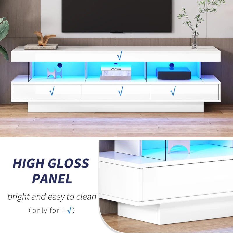 Modern High Gloss TV Units with Storage Drawers, LED Lights, TV Cabinet for Living Room, Bedroom, 160x38x50.5 cm, White