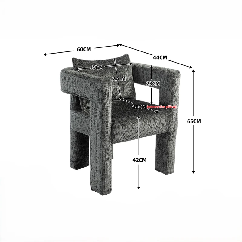 Fauteuil lounge moderne en chenille, chaise de salle à manger, design unique avec accoudoirs ajourés, coussin confortable, adapté pour le salon, la salle à manger, Gris foncé