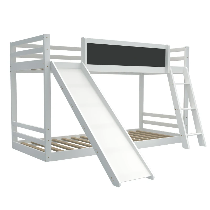 Letto a castello con scala e scivolo, recinzione con lavagna, doppio letto per bambini, Senza materasso, Bianco