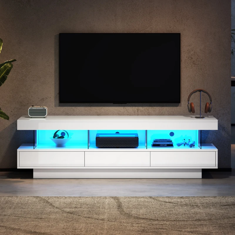 Modern High Gloss TV Units with Storage Drawers, LED Lights, TV Cabinet for Living Room, Bedroom, 160x38x50.5 cm, White