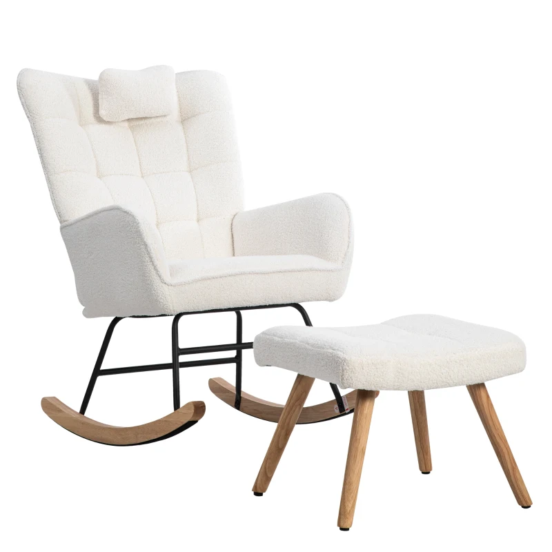 Ergonomic Design Rocking Chair with Footstool, Solid Wood and Metal Frame, Perfect for Garden and Outdoor Use, 65x93x92 cm, White