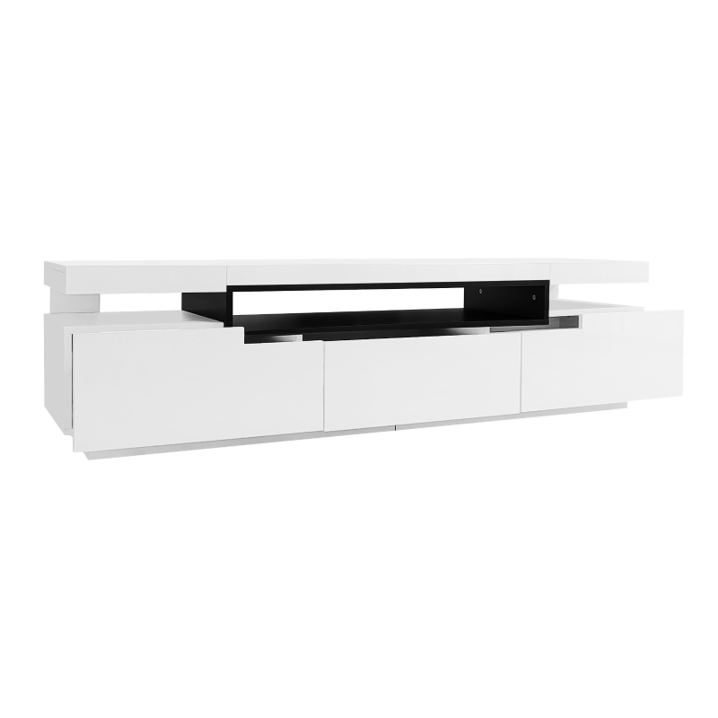 High Gloss Modern TV Stand Cabinet for 70-inch TV with LED Lights, 3 Drawers and Open Storage, 160x39x42 cm, White