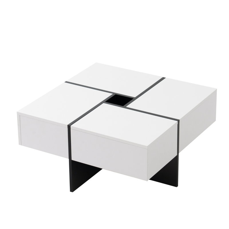 Multifunctional Coffee Table with 4 Drawers and Storage, High Gloss Top, 70x70x35 cm, White