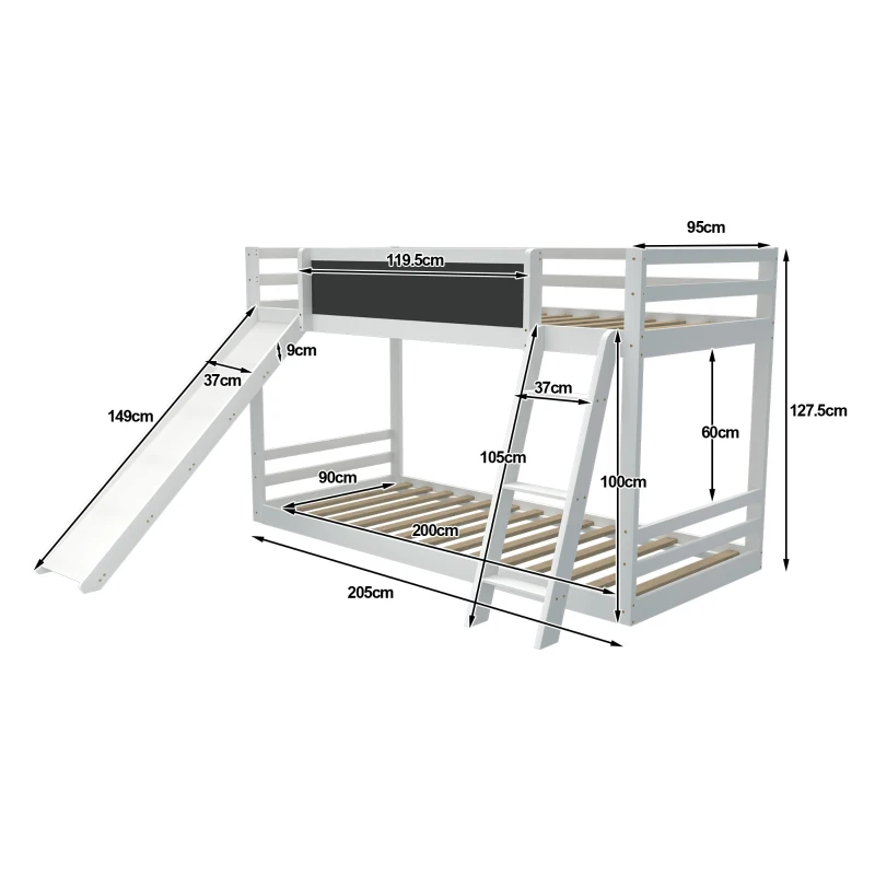 Letto a castello con scala e scivolo, recinzione con lavagna, doppio letto per bambini, Senza materasso, Bianco