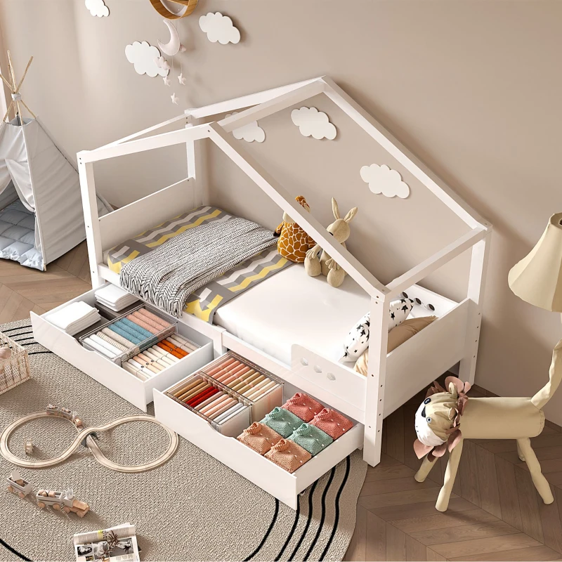 Lit pour enfant avec double tiroir, barrière de sécurité, sommier à lattes stable, bureau enfant avec rangement, sans matelas, Blanc