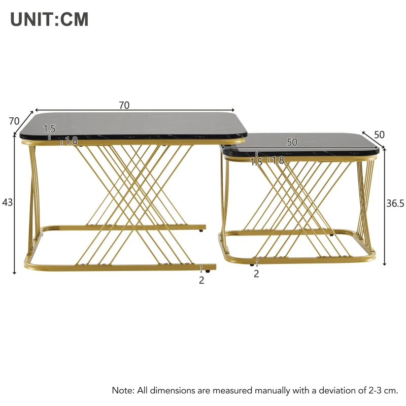 Nesting Coffee Tables with Gold Metal Frame, Marble Pattern Top, Multi-functional Sofa Side Tables for Bedroom, Living Room, 70x70x43 cm, Black