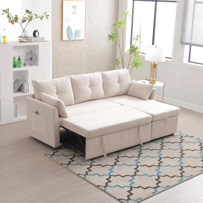 Divano Componibile a L in Chenille, Divano letto reclinabile estraibile convertibile, con sedili portaoggetti, Beige