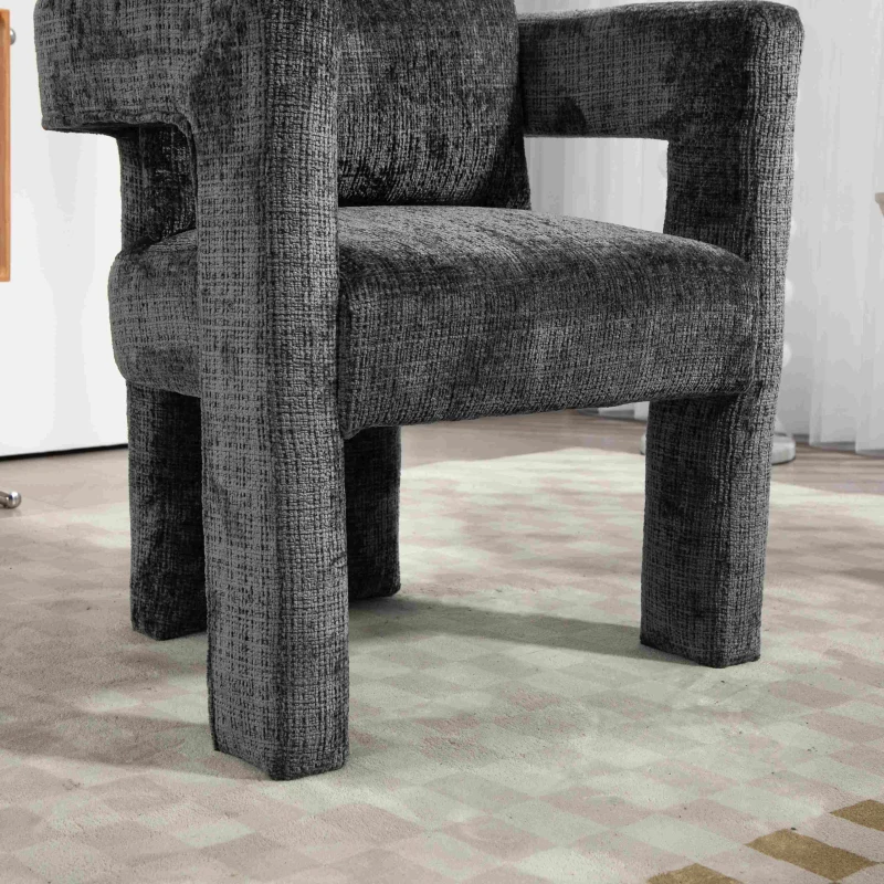 Fauteuil lounge moderne en chenille, chaise de salle à manger, design unique avec accoudoirs ajourés, coussin confortable, adapté pour le salon, la salle à manger, Gris foncé