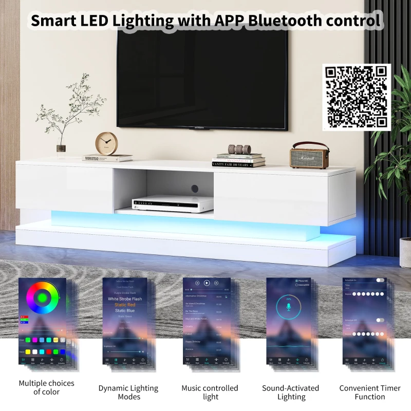 TV Table with 16-color LED Lights & 4 Dynamic Modes, High Gloss Front Panel & 2 Drawers, Up to 79 TV Size - White