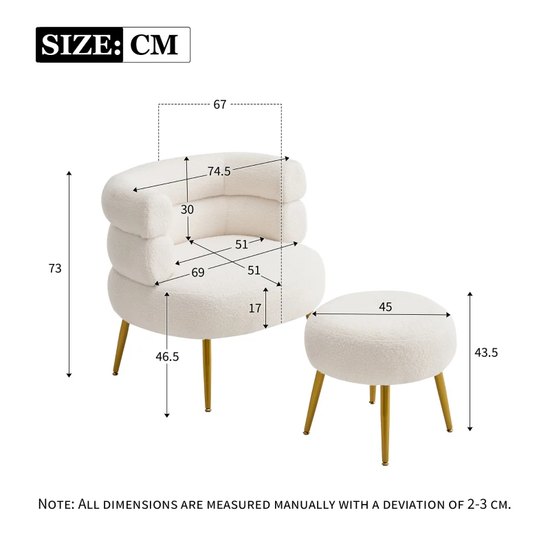 Boucle Snuggle Chair with Footstool Set, Fuzzy Tub Chair Lounge Chair with Footrest for Living Room, Bedroom, Study, 74.5x67x73 cm, White