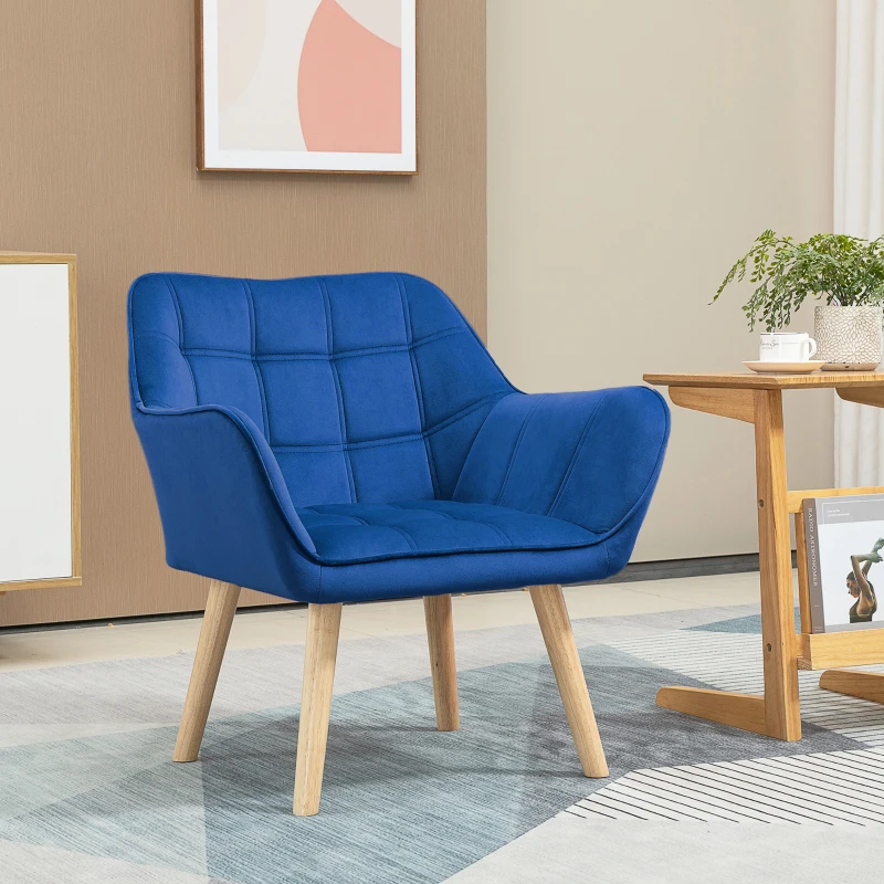HOMCOM Gestoffeerde stoel, Accentstoel, Scandi Design, Fluweellook, tot 120 kg, Rubberhout Poten, Blauw