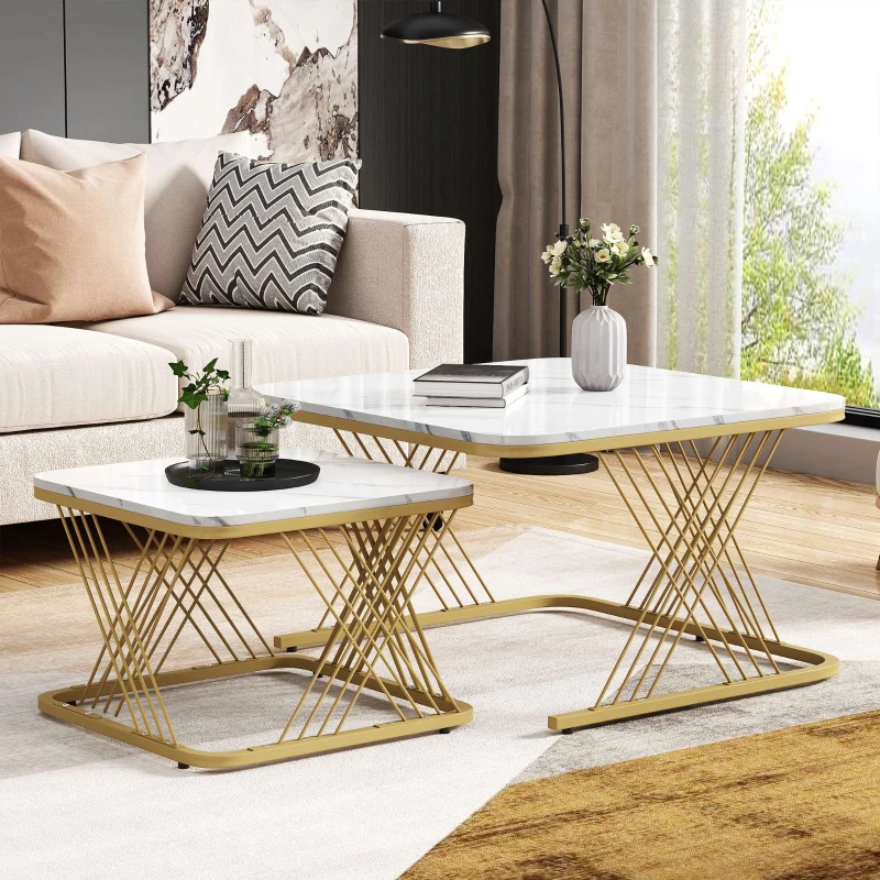 Nest of 2 Settee Side Table with Gold Metal Frame, Marble Pattern Top, Multi-functional Modern Coffee Table for Home, 70x70x43 cm, White
