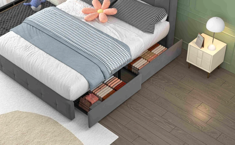 Doppelbett mit USB-Ladekopfteil, Ausziehbett, Polsterbett mit LED-Beleuchtung und 2 Schubladen, 160x200 cm Stauraumbettgestell, ohne Matratze, Grau