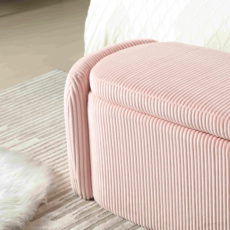 Moderner eleganter Aufbewahrungshocker, hocker aus gestreiftem Samt, angenehmes Sitzgefühl, geeignet für Wohnzimmer, Eingangsbereich, Rosa