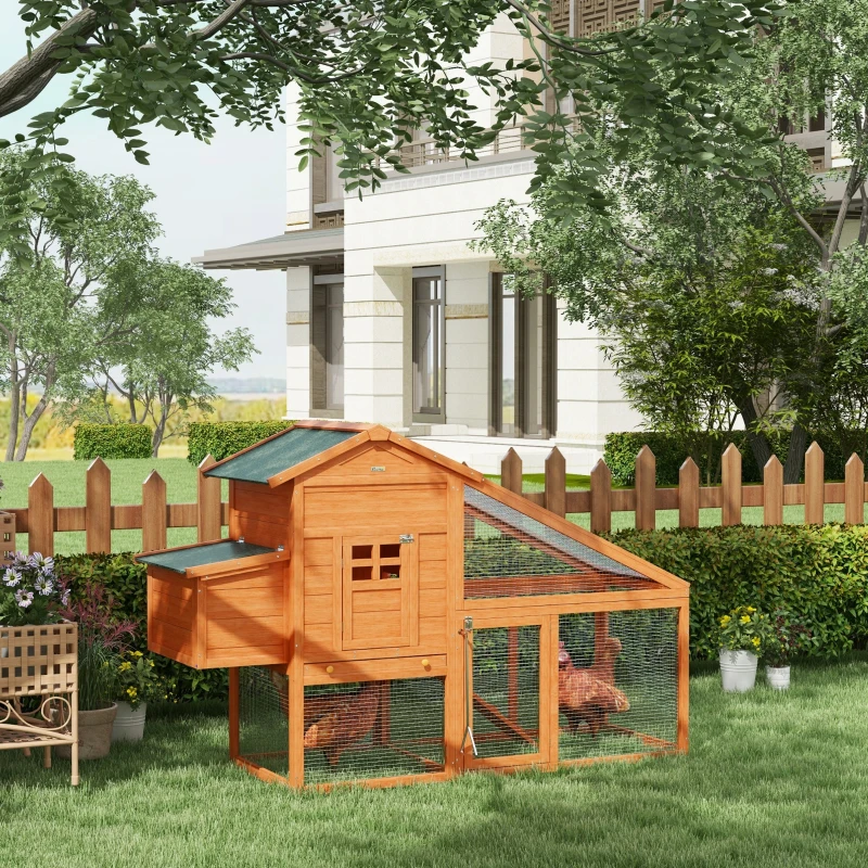 PawHut Wooden Chicken Coop with Run, Nesting Box, Slide-out Tray, Ramp, Perches, Asphalt Roof, 179 x 67 x 115cm