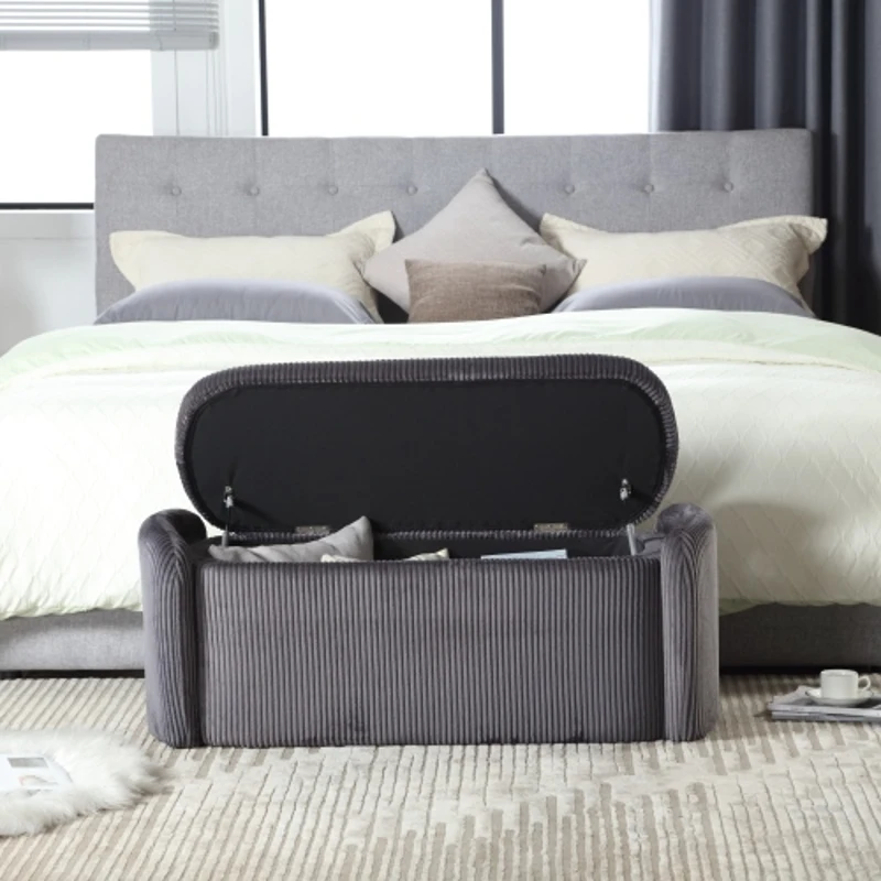 Moderner eleganter Aufbewahrungshocker, hocker aus gestreiftem Samt, angenehmes Sitzgefühl, geeignet für Wohnzimmer, Eingangsbereich, Dunkelgrau