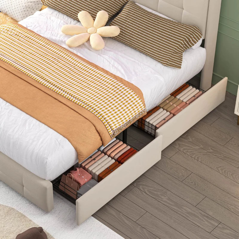 Doppelbett mit USB-Ladekopfteil, Ausziehbett, Polsterbett mit LED-Beleuchtung und 2 Schubladen, 160x200 cm Stauraumbettgestell, ohne Matratze, Beige