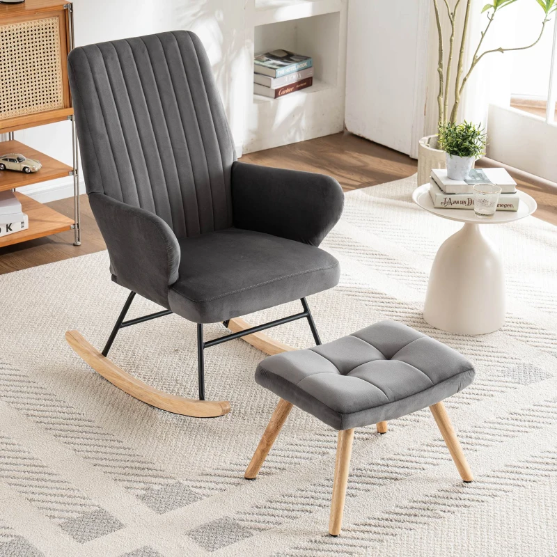 Rocking Chair Armchair with Footstool, High Back Ergonomic Garden Rocking Chair, 64x84x97 cm, Grey