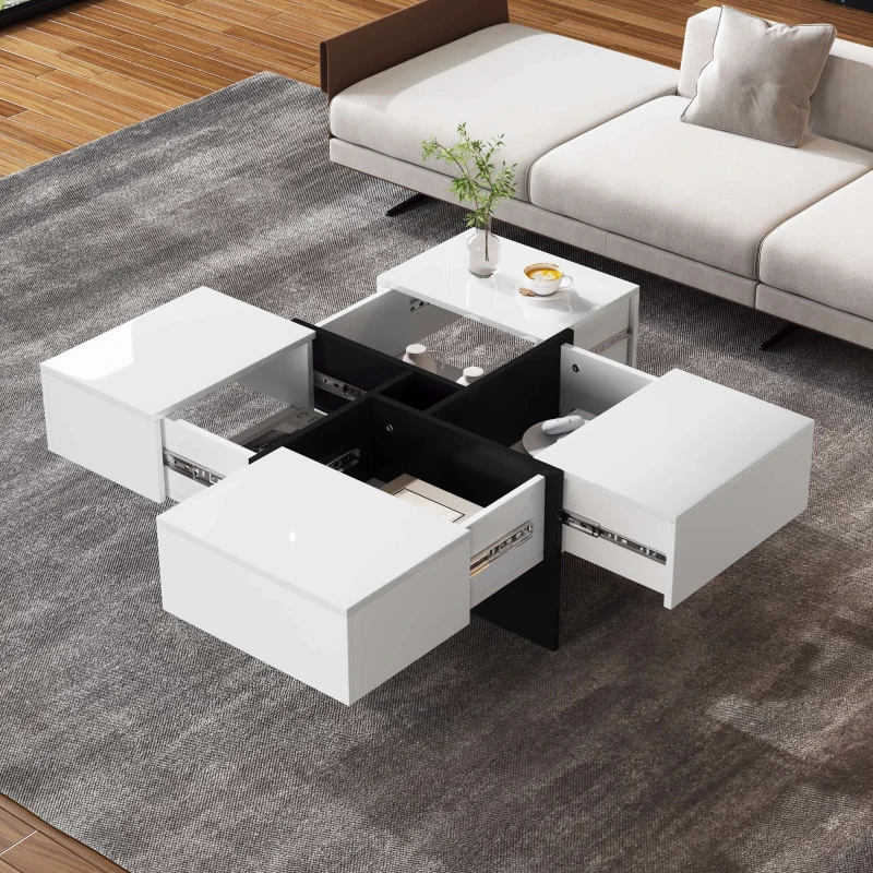 Multifunctional Coffee Table with 4 Drawers and Storage, High Gloss Top, 70x70x35 cm, White