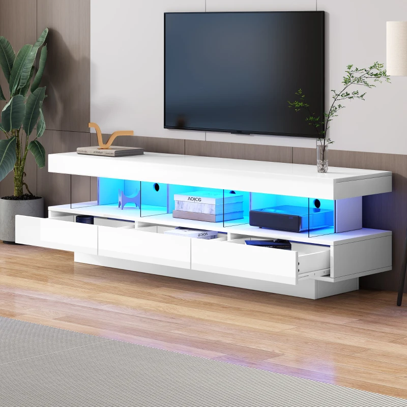 Modern High Gloss TV Units with Storage Drawers, LED Lights, TV Cabinet for Living Room, Bedroom, 160x38x50.5 cm, White