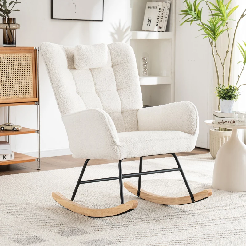 Ergonomic Design Rocking Chair with Footstool, Solid Wood and Metal Frame, Perfect for Garden and Outdoor Use, 65x93x92 cm, White