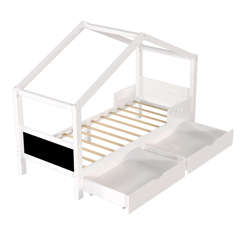 Letto a Casetta per Bambini con Due Cassetti e Lavagna, Rete a Doghe in Legno di Pino, Senza Materasso, 90 x 200 cm, Bianco