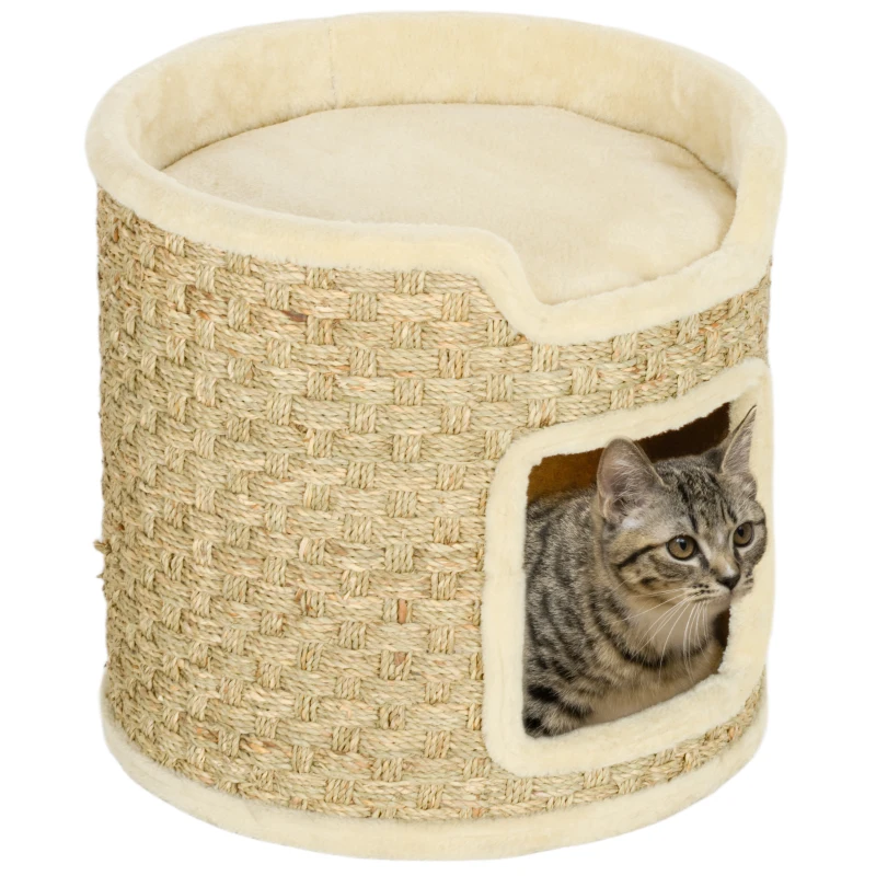 PawHut Kattenkrabboom, Speel- en Ontspanningsplek, Pluche, Φ38 x 37H cm, Khaki-Beige, tot 5 kg