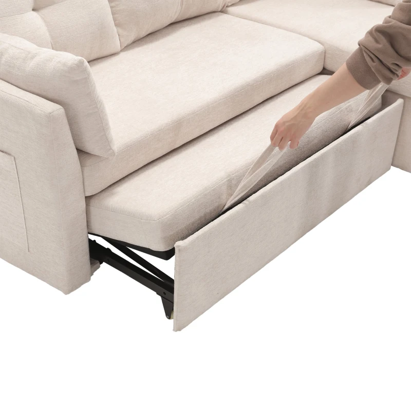 L-förmiges Samt-Sofa, ausziehbares und umwandelbares Schlafsofa mit Stauraumsitzen, Beige