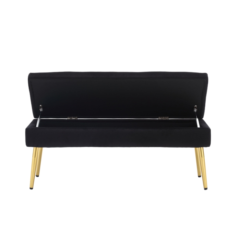 Banc de rangement minimaliste moderne avec pieds en métal doré, banquette coffre en velours rembourré, table de chevet multifonctionnelle facile à monter pour chambre à coucher, salon, hall d'entrée, salle de séjour, Noir