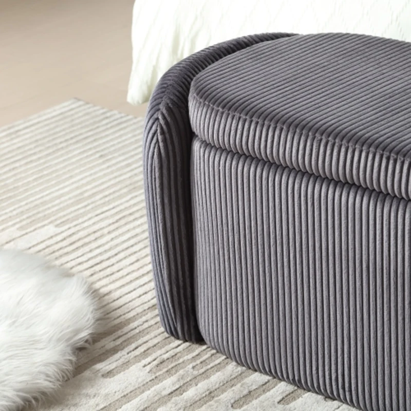 Moderner eleganter Aufbewahrungshocker, hocker aus gestreiftem Samt, angenehmes Sitzgefühl, geeignet für Wohnzimmer, Eingangsbereich, Dunkelgrau