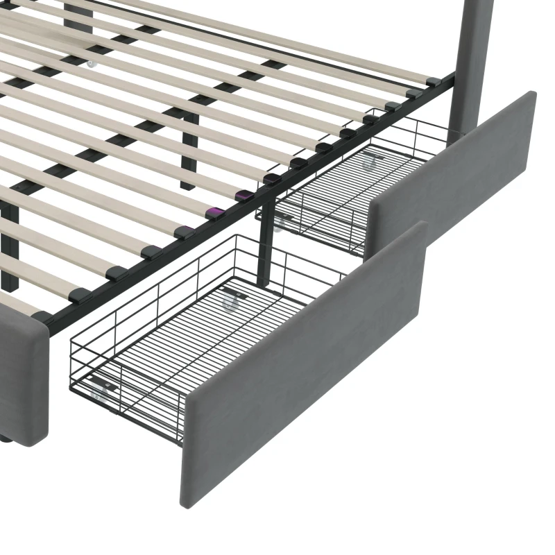Doppelbett mit USB-Ladekopfteil, Ausziehbett, Polsterbett mit LED-Beleuchtung und 2 Schubladen, 160x200 cm Stauraumbettgestell, ohne Matratze, Grau