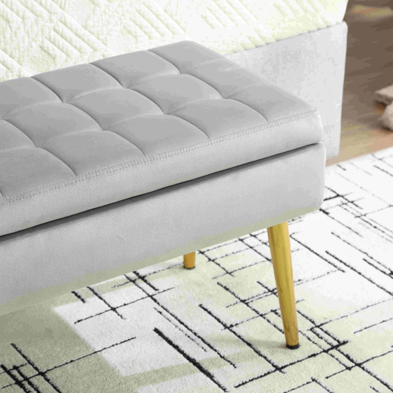 Banquette coffre minimaliste moderne avec pieds en métal doré, en velours rembourré, table de chevet multifonctionnelle facile à monter pour chambre à coucher, salon, hall d'entrée, salle de séjour, Gris