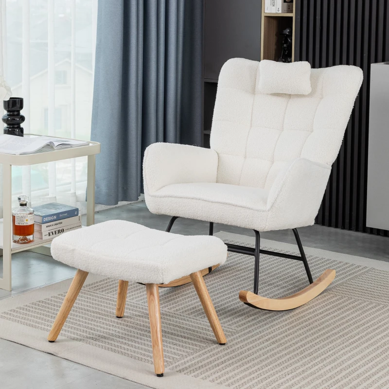 Ergonomic Design Rocking Chair with Footstool, Solid Wood and Metal Frame, Perfect for Garden and Outdoor Use, 65x93x92 cm, White