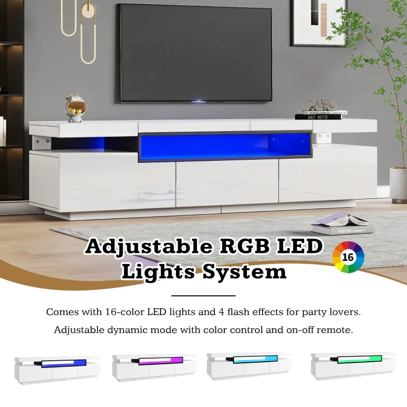 High Gloss Modern TV Stand Cabinet for 70-inch TV with LED Lights, 3 Drawers and Open Storage, 160x39x42 cm, White