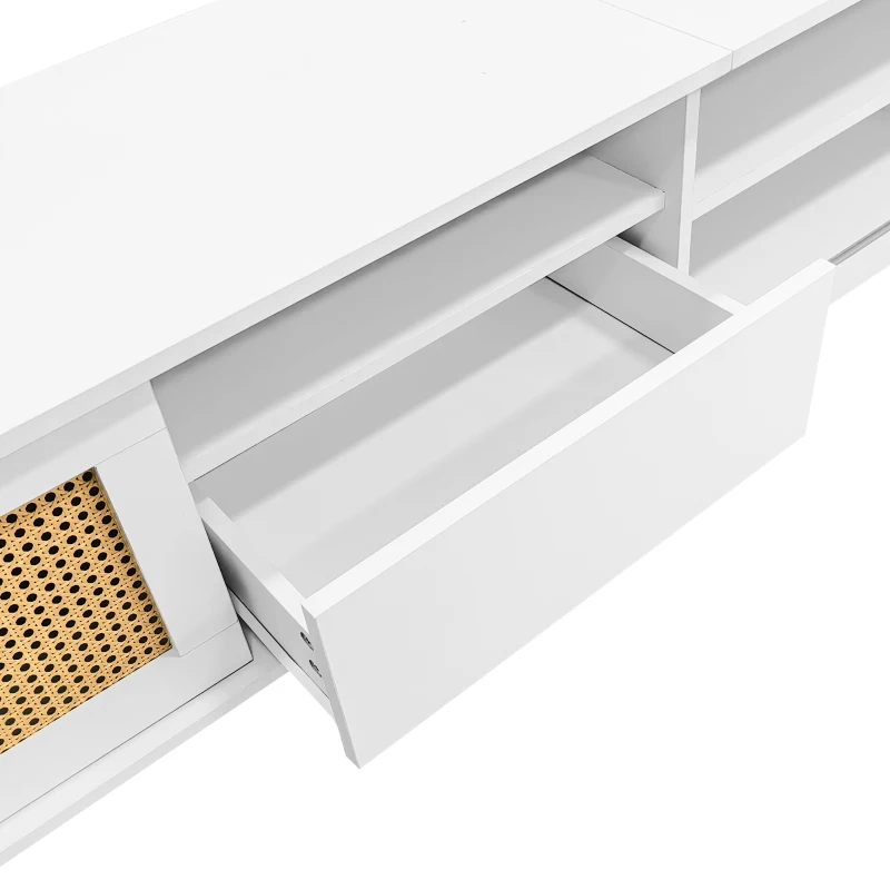 Wooden TV Units with 3 Open Storage Spaces for 90-inch TV, Oak Finish TV Stand with Doors and Drawer, Silent Hinges, 200x40x49 cm, Oak