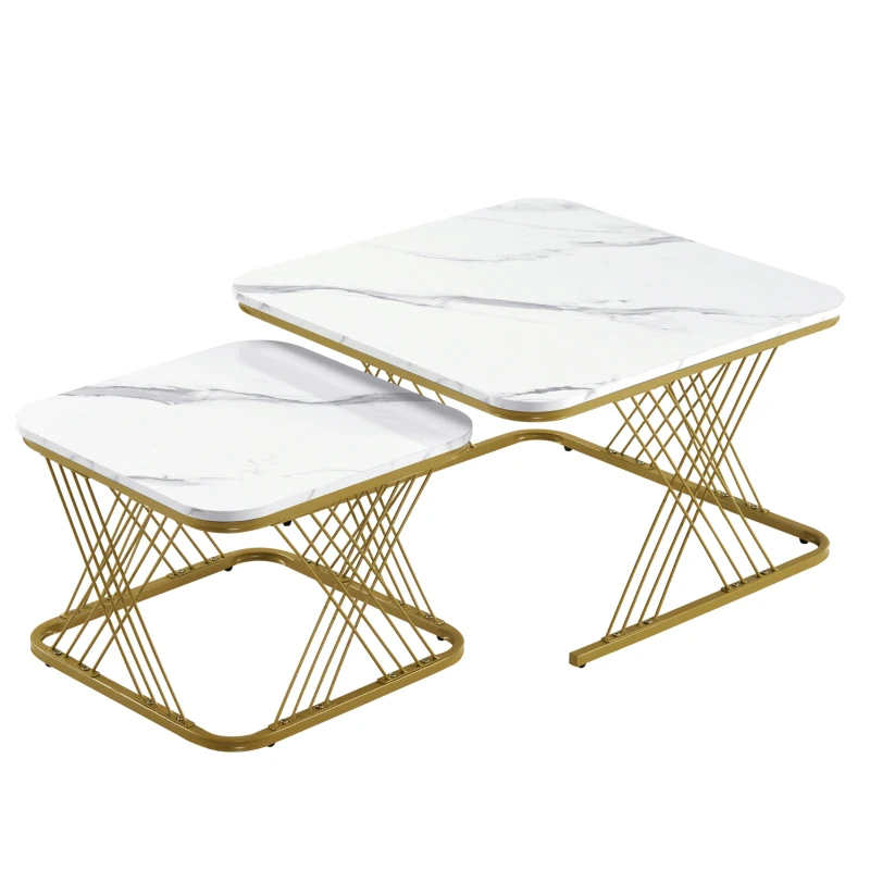 Nest of 2 Settee Side Table with Gold Metal Frame, Marble Pattern Top, Multi-functional Modern Coffee Table for Home, 70x70x43 cm, White