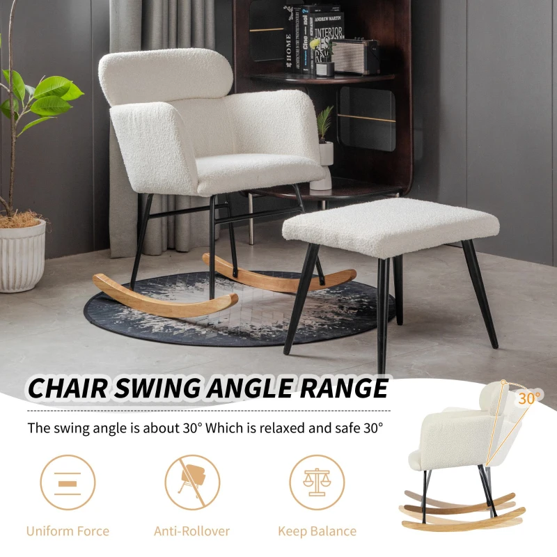 Footstool Recliner Chair with Soft Cushion and Solid Wood Legs, Armchair with Comfortable Footrest for Indoor and Patio, 61x72.5x82 cm, White