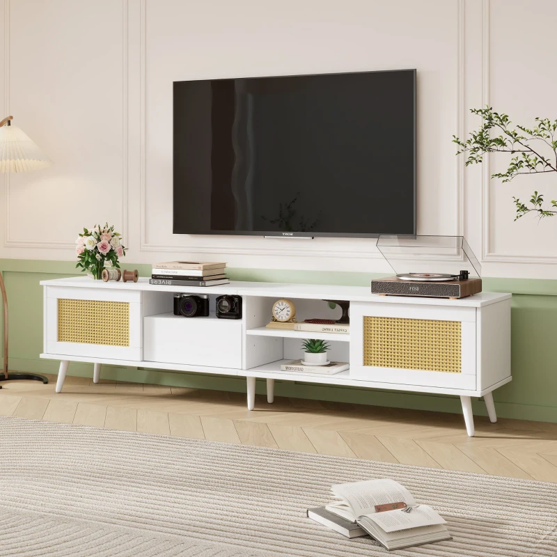 Wooden TV Units with 3 Open Storage Spaces for 90-inch TV, Oak Finish TV Stand with Doors and Drawer, Silent Hinges, 200x40x49 cm, Oak