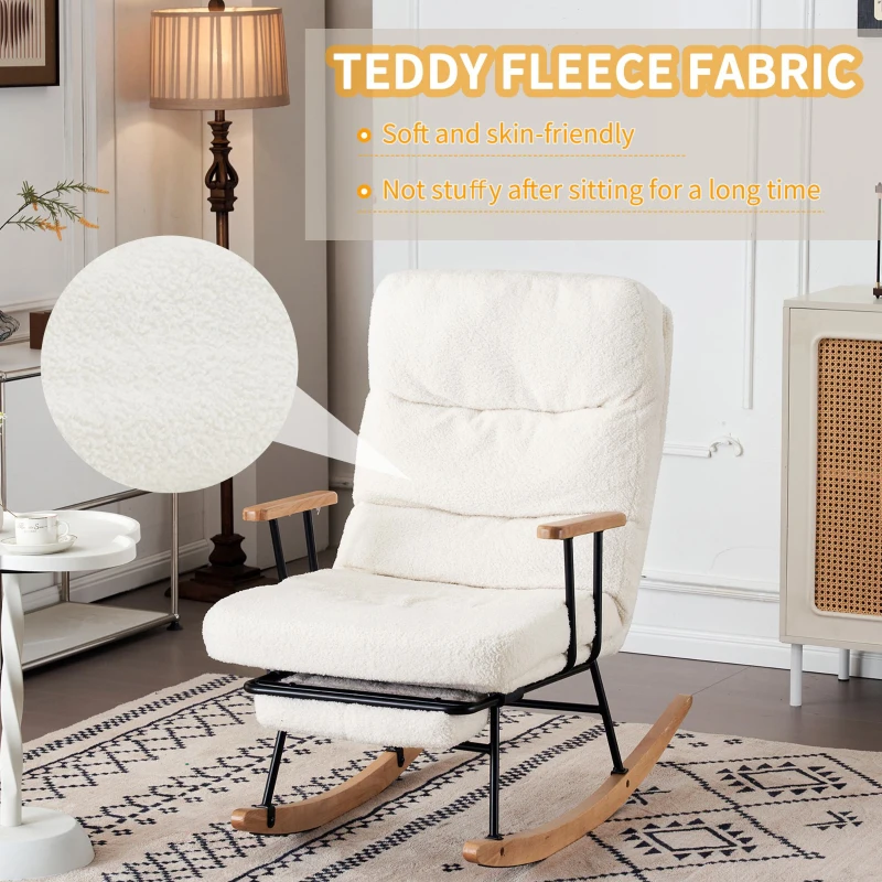 Fabric Tufted Boucle Armchair with Metal Legs, Wooden Base, High Back Rocking Chair for Living Room, Bedroom, 63.5x102x100 cm, White